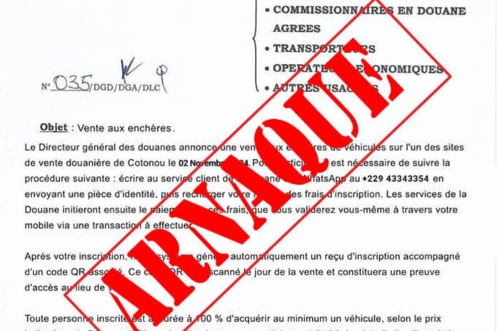 Fausses ventes aenchères escroqueries Douanes béninoises