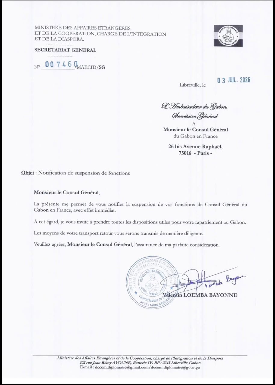 Gabon : le Consul général à Paris suspendu avec effet immédiat