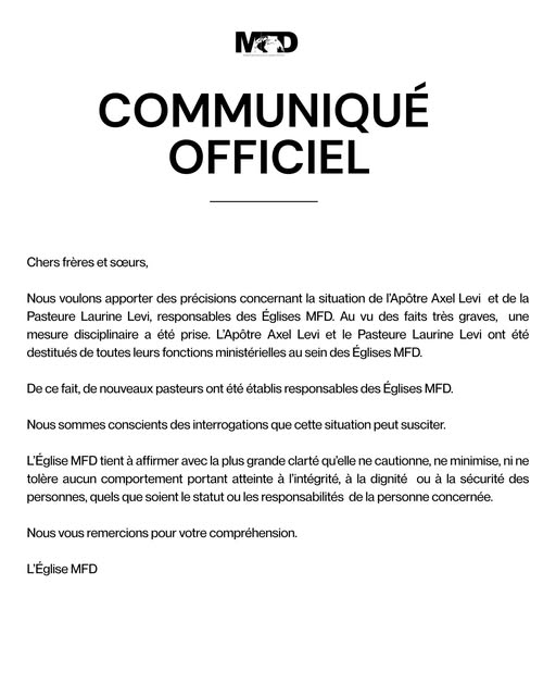 Scandale à l’Église MFD : l’apôtre Axel Levi et la pasteure Laurine Levi destitués de leurs fonctions
