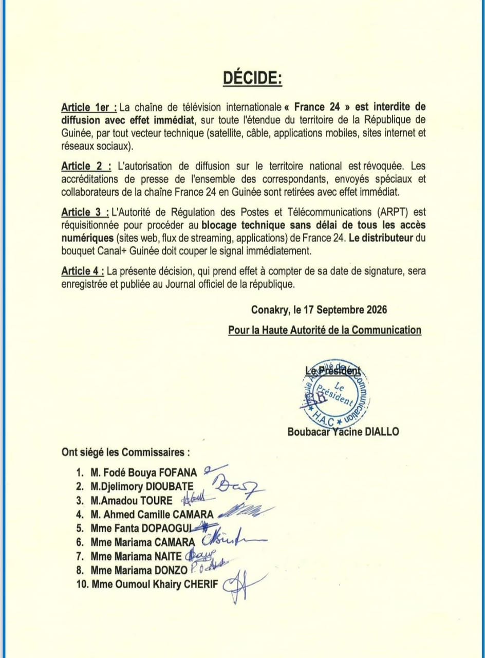 Guinée : la HAC interdit la diffusion de France 24