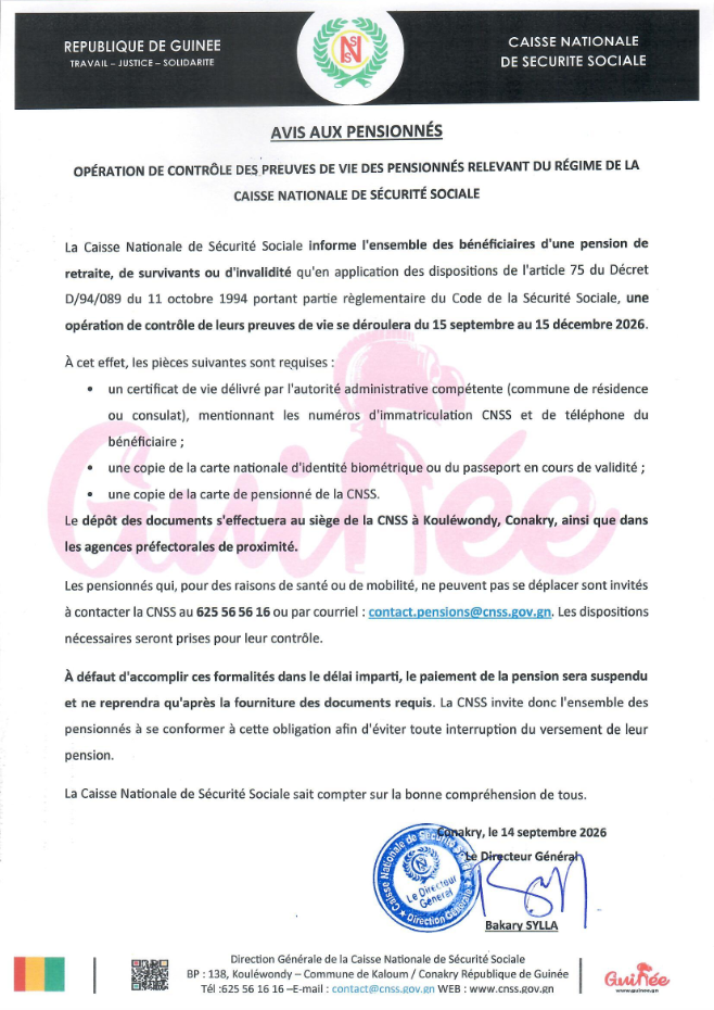 CNSS : les bénéficiaires de pensions appelés à justifier leur existence avant le 15 décembre