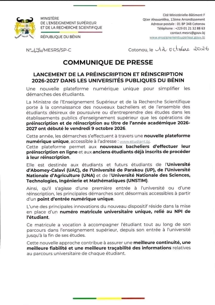 Bénin : les préinscriptions et réinscriptions universitaires ouvertes pour 2026-2027