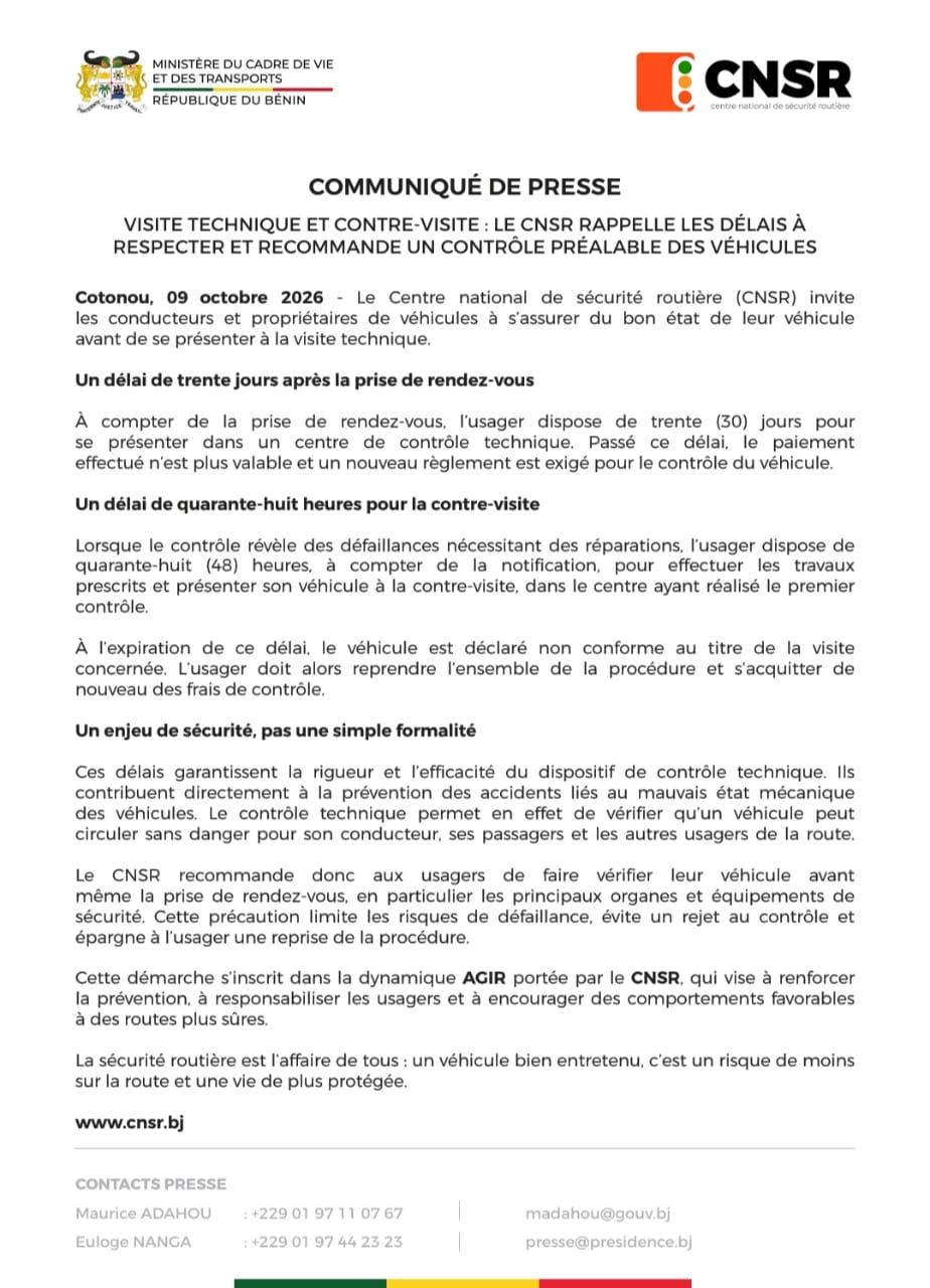 Bénin : le CNSR rappelle les délais de visite technique et de contre-visite