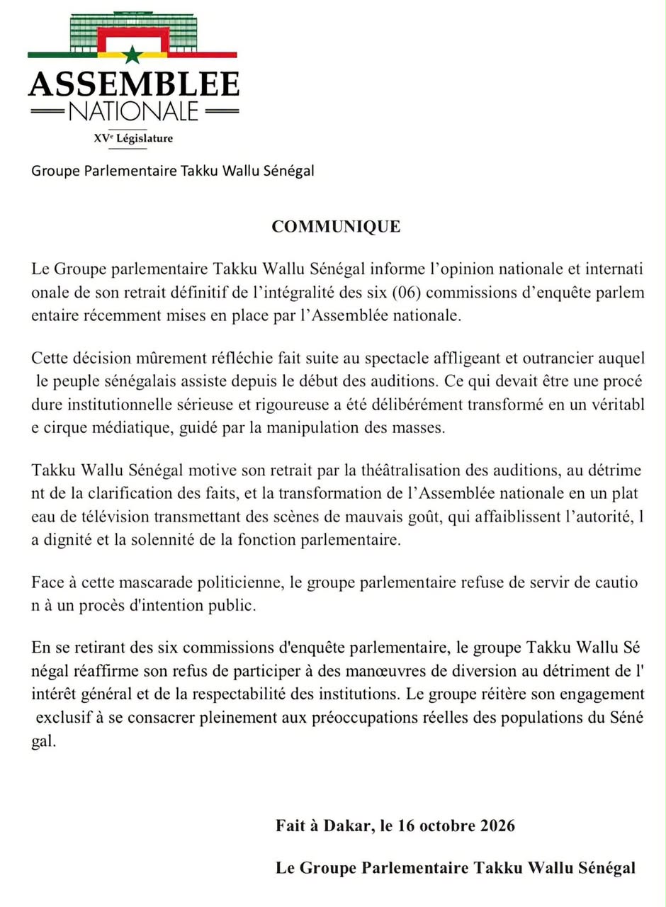 Sénégal : Takku Wallu se retire des six commissions d’enquête parlementaire